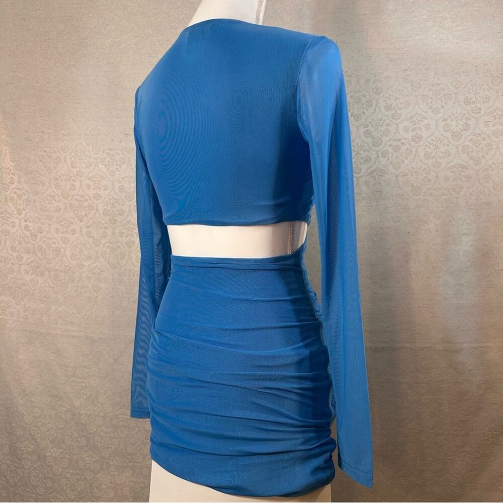 Tiger Mist Jossi Blue Mini Dress Size Small Cut-Out Sheer Long Sleeve Going Out - Picture 9 of 14